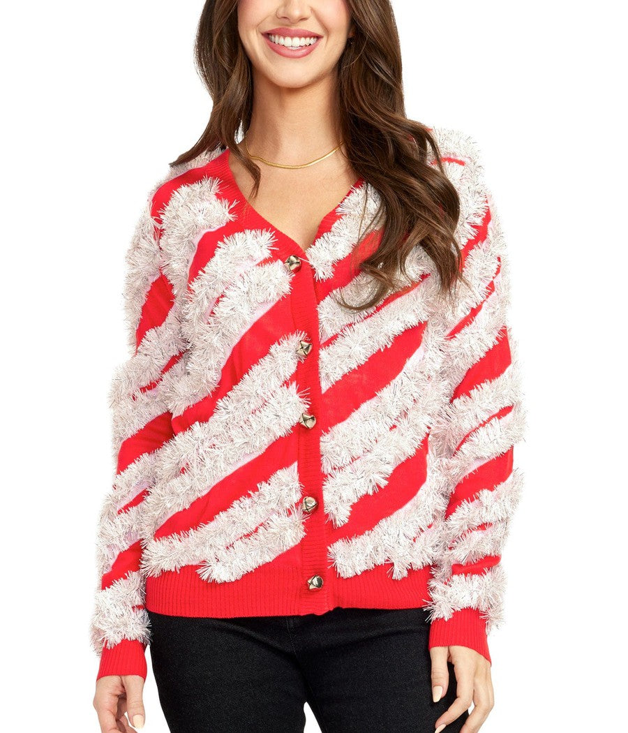 Candy Cane Tinsel Ugly Christmas Cardigan Women s Christmas Outfits Tipsy Elves