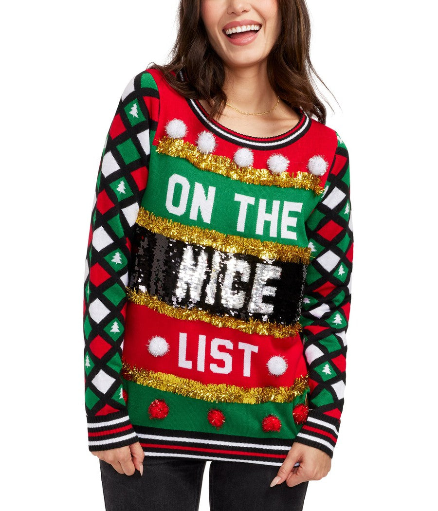 Naughty or Nice Reversible Sequin Ugly Christmas Sweater Women s Christmas Outfits Tipsy Elves