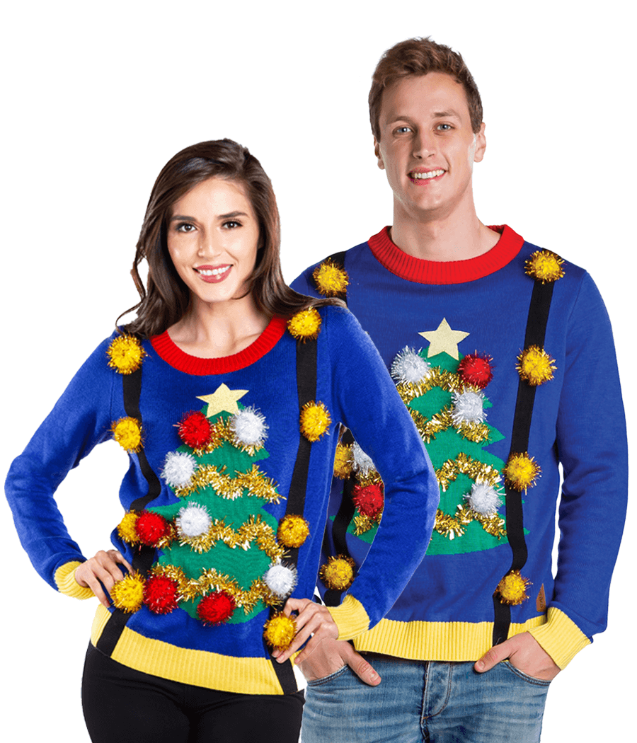 Matching Couples Ugly Christmas Tree Sweater with Suspenders Tipsy Elves