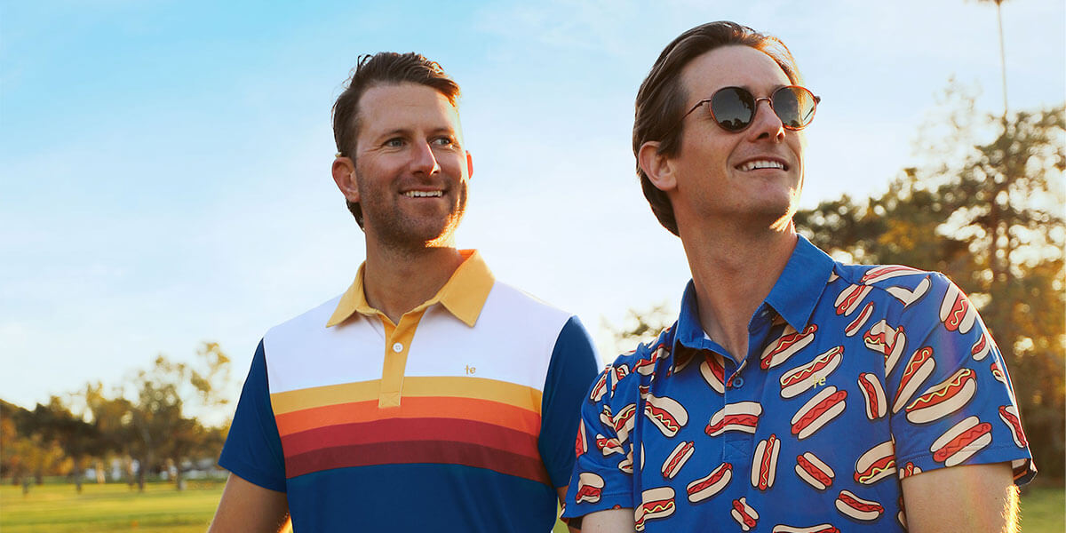 image of models wearing men's slice of sunset golf polo and men's hot dog golf polo