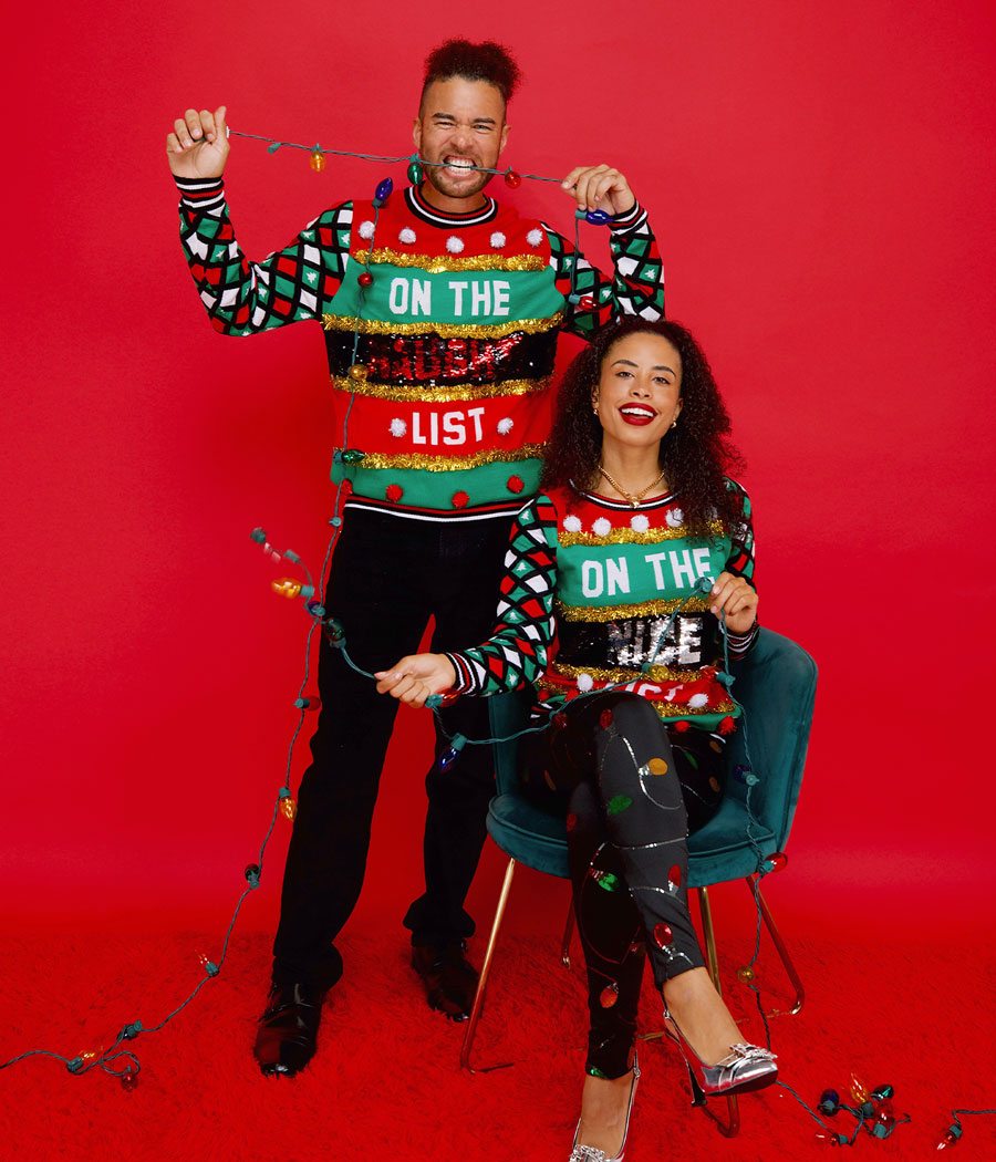 Matching Naughty or Nice Reversible Sequin Couples Ugly Christmas Sweater Image 2