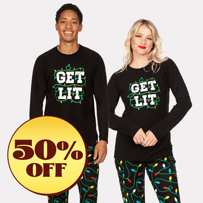 shop christmas pajamas - image of models wearing get lit pajama sets