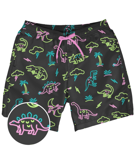 Neon Dinosaur Stretch Swim Trunks Fun Funky Summer Swim Suit Stretchy Performance Blend Black Tipsy Elves