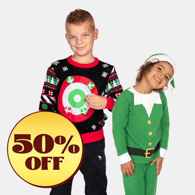 shop 50% off kids and baby - image of models wearing boy's dart game ugly christmas sweater and girl's elf pajama set