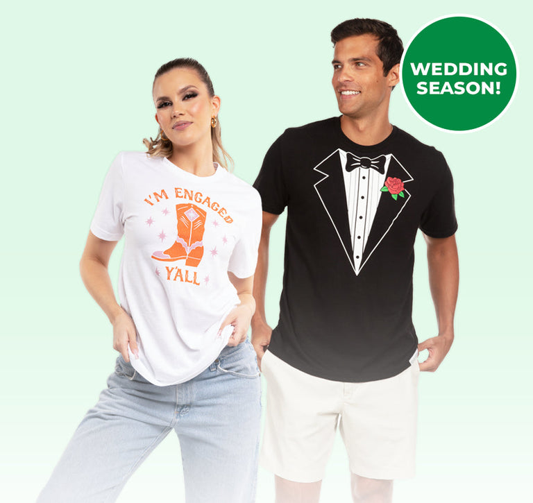 shop wedding party - models wearing Women's I'm Engaged Y'all Tee and Men's Tuxedo Tee