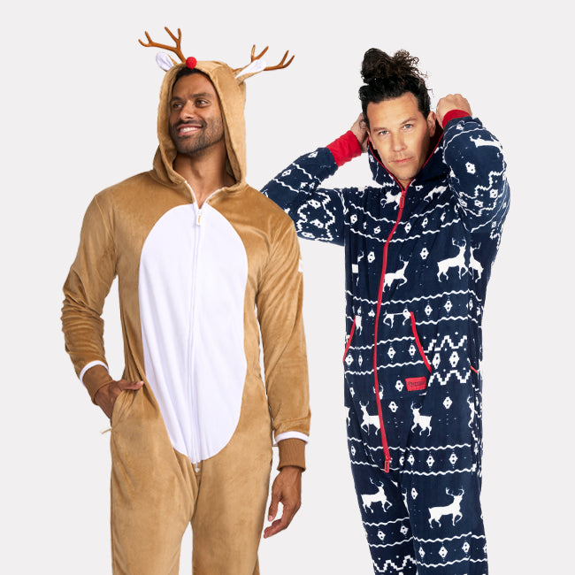 shop onesies - men's rudolph jumpsuit and men's blue reindeer jumpsuit