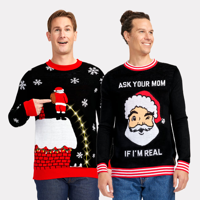 shop sweaters - men's leaky roof light up ugly christmas sweater and men's ask your mom ugly christmas sweater