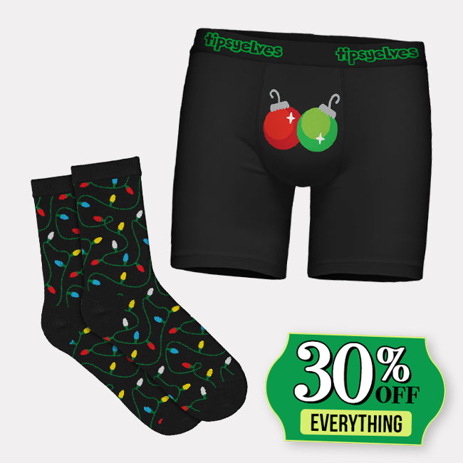 shop gifts for men - men's jingle bells boxer briefs and men's string of lights socks