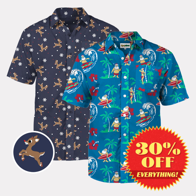 shop button down shirts - Men's Rudolph Button Down Shirt and Men's Surf's Up Santa Button Down Shirt