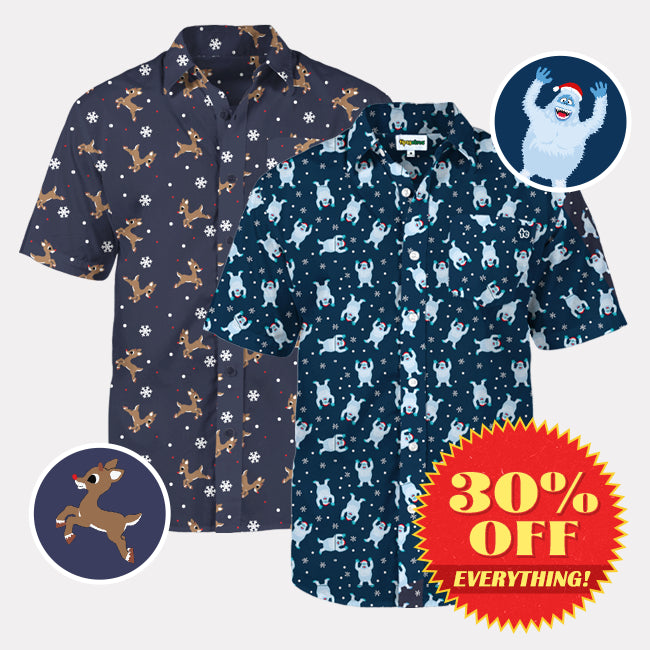 shop button down shirts - Men's Bumble Button Down Shirt and Men's Rudolph Button Down Shirt