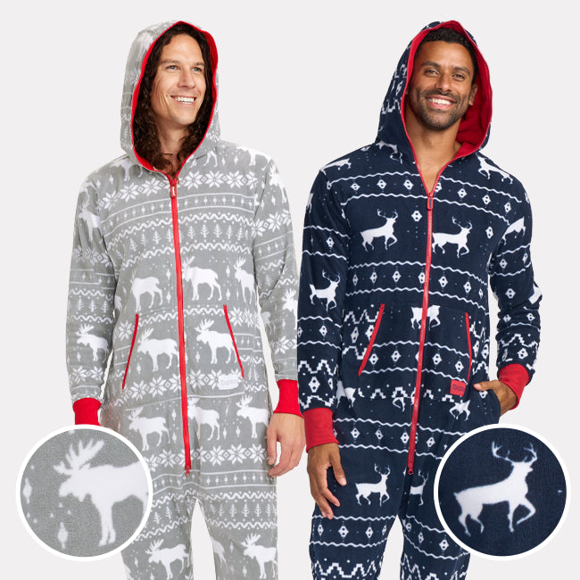 shop onesies - men's blue reindeer onesie and men's grey moose onesie