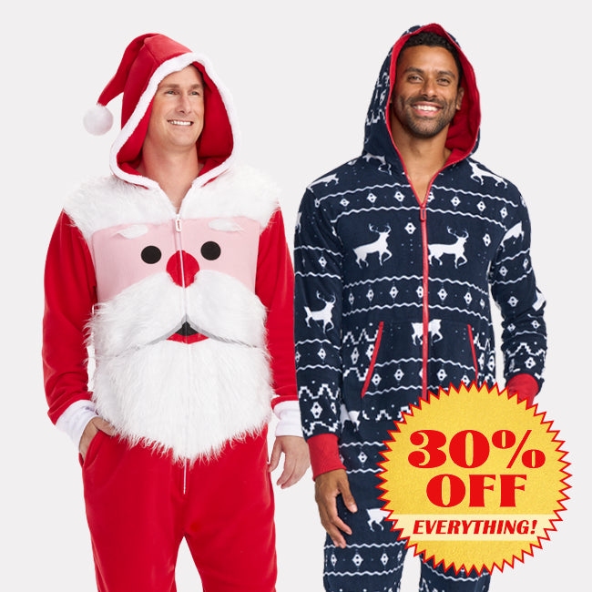 shop christmas onesies - Men's Santa's Close Up Jumpsuit and men's blue reindeer jumpsuit