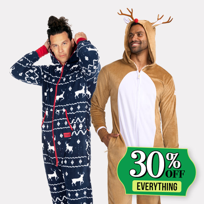 shop christmas onesies - Men's rudolph Jumpsuit and men's blue reindeer jumpsuit