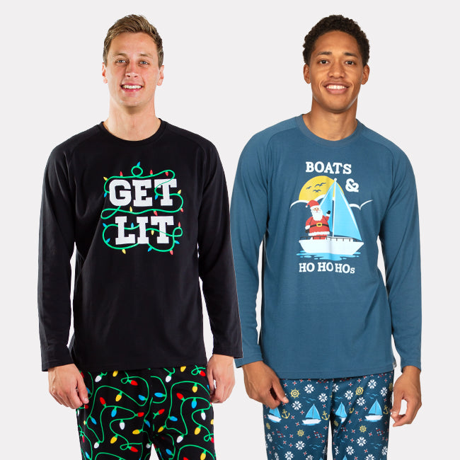 shop pajamas - men's get lit pajama set and men's boats and ho ho hos pajama set