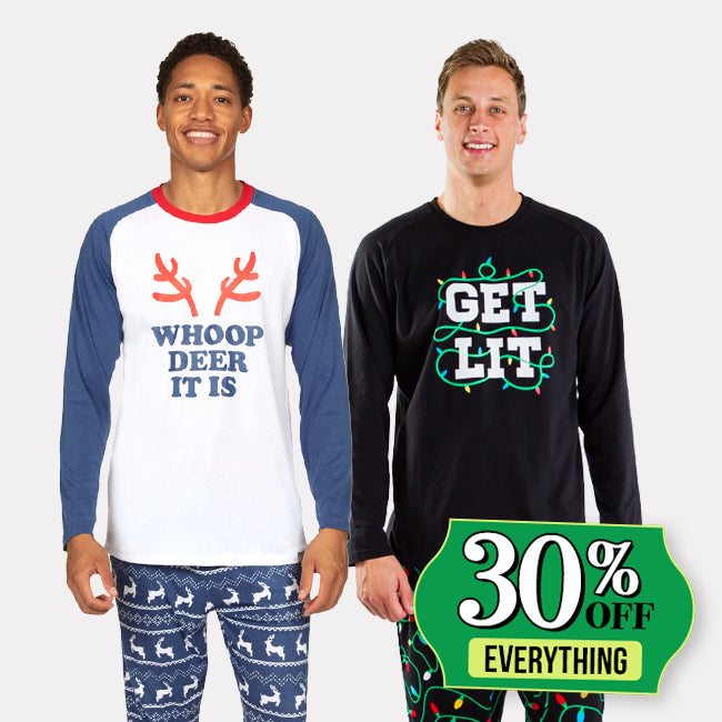 shop christmas pajamas - men's get lit and men's whoop deer it is pajama sets