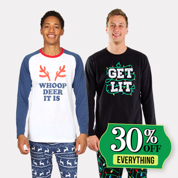 shop 30% off christmas pajamas - image of models wearing men's get lit pajama set and men's whoop deer it is pajama set