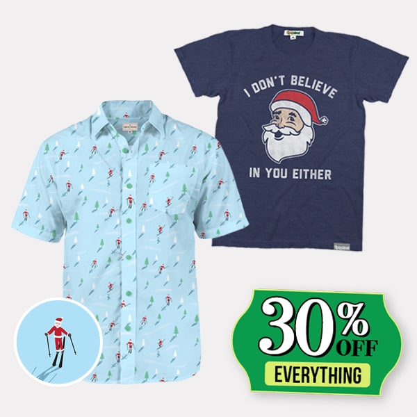 shop 30% off christmas tees - image of men's skiing santa button down shirt and men's dont believe in you either tee