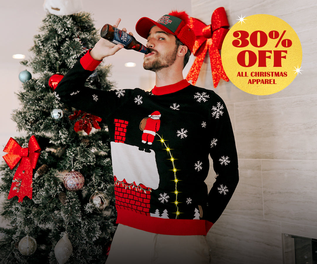 shop men's christmas - model wearing men's leaky roof light up ugly Christmas sweater 