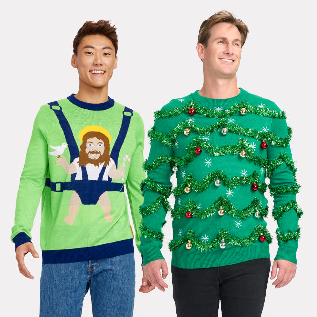 shop ugly christmas sweaters - men's sweet baby jesus and men's gaudy garland ugly christmas sweaters