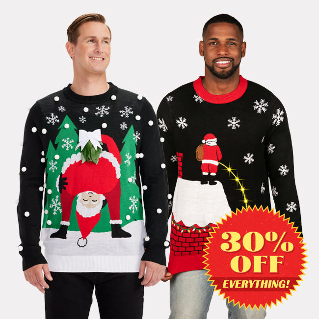 shop ugly christmas sweaters - men's leaky roof light up and Men's Mistletease Ugly Christmas Sweater