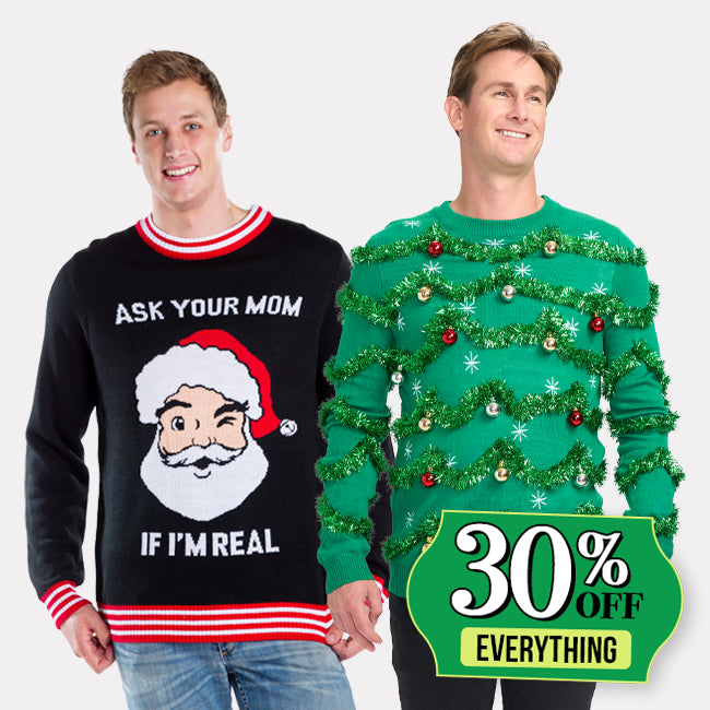 shop men's ugly christmas sweaters - men's ask your mom if I'm real ugly christmas sweater and men's gaudy garland ugly christmas sweater