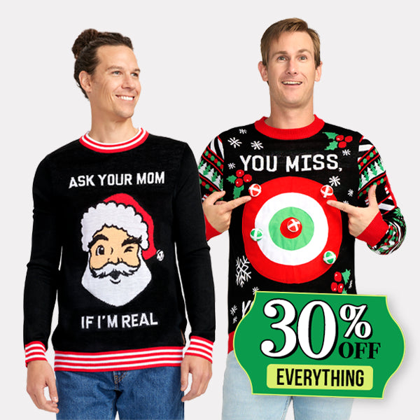 shop 30% off christmas sweaters - image of models wearing men's drinking game ugly christmas sweater and men's ask your mom ugly christmas sweater