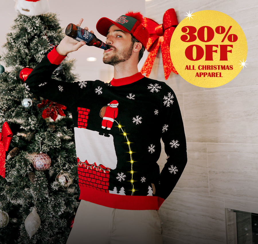 shop men's christmas - model wearing men's leaky roof light up ugly Christmas sweater 