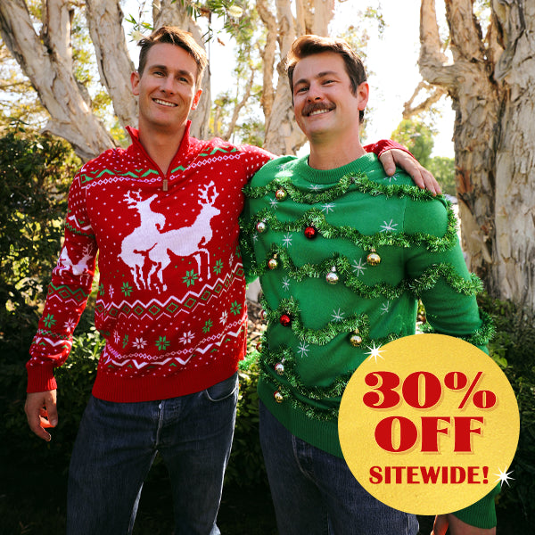 shop christmas sweaters - model wearing men's christmas climax ugly christmas sweater and men's gaudy garland ugly christmas sweater