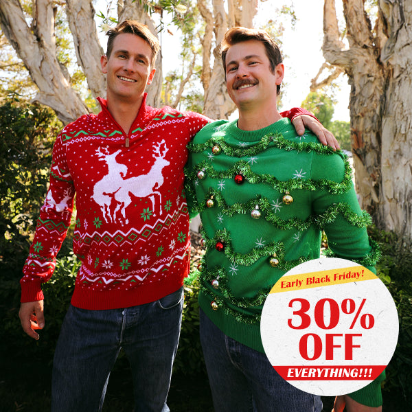 shop christmas sweaters - model wearing men's christmas climax ugly christmas sweater and men's gaudy garland ugly christmas sweater