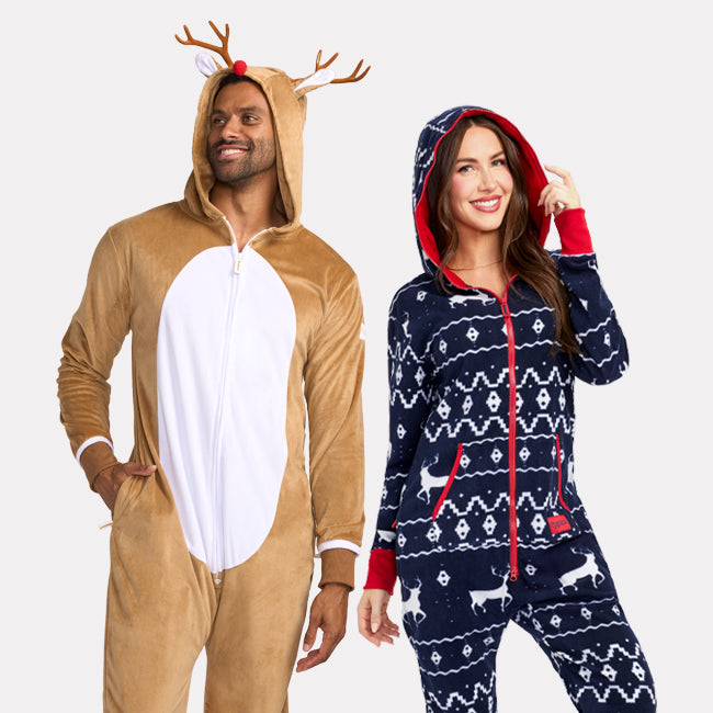 Shop christmas onesies - women's blue reindeer jumpsuit and men's rudolph jumpsuit