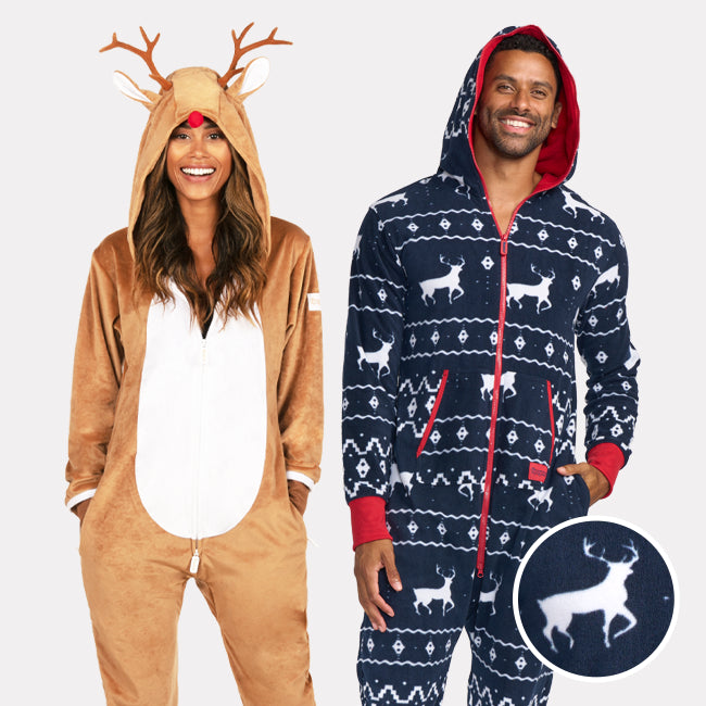 shop onesies - women's rudolph jumpsuit and men's blue reindeer jumpsuit