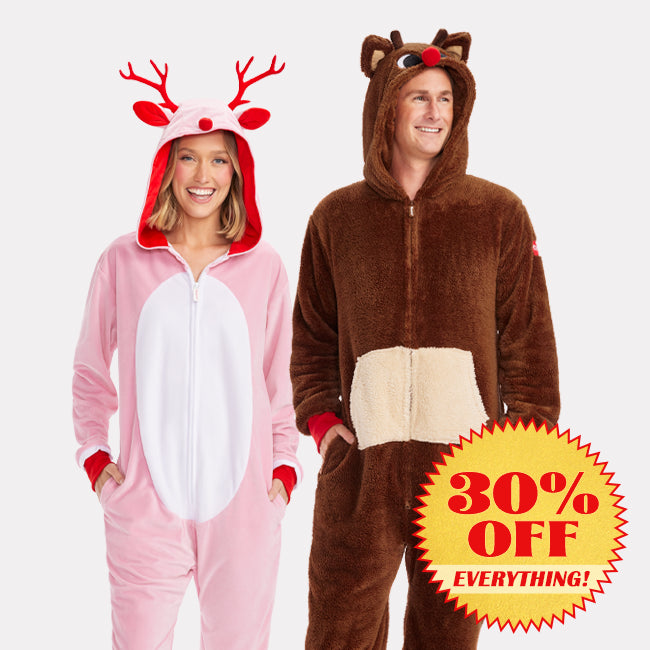 shop christmas onesies - Women's Pink Rudolph Jumpsuit and Men's Rudolph Sherpa Jumpsuit