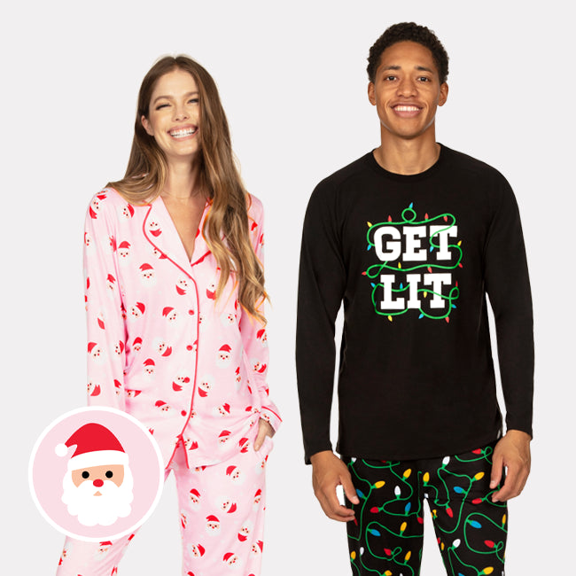 shop pajamas - women's pink santa pajama set and men's get lit pajama set