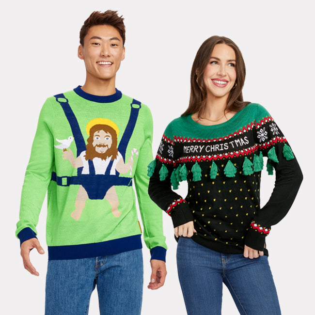 shop sweaters - men's sweet baby jesus ugly christmas sweater and women's christmas tree tassel ugly christmas sweater