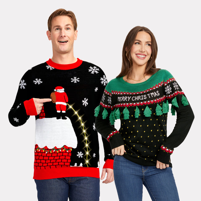 shop ugly christmas sweaters - men's leaky roof light up ugly christmas sweater and women's christmas tree tassel ugly christmas sweater