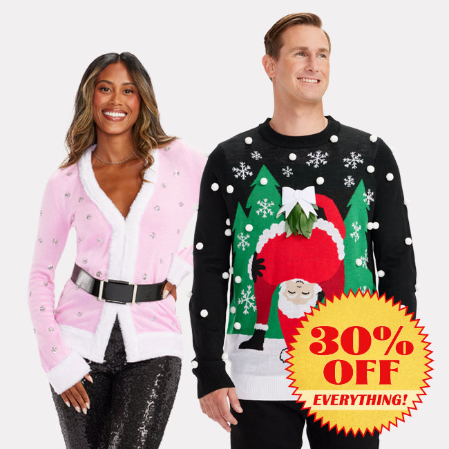 shop ugly christmas sweaters - Men's Mistletease Ugly Christmas Sweater and Women's Mrs. Claus in Pink Cardigan Sweater