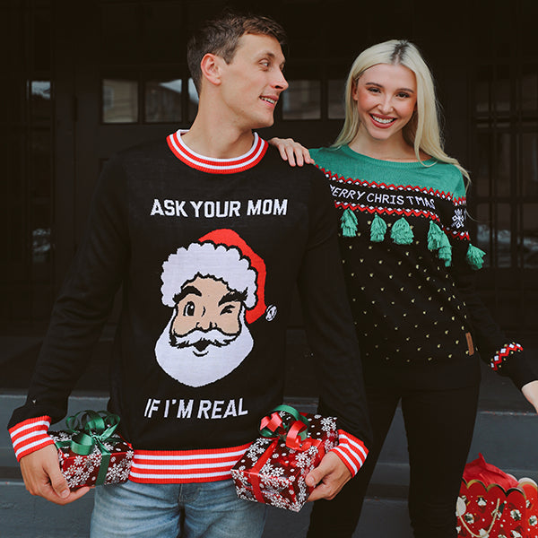 shop christmas sweaters - men's ask your mom ugly christmas sweater and women's christmas tree tassel ugly christmas sweater