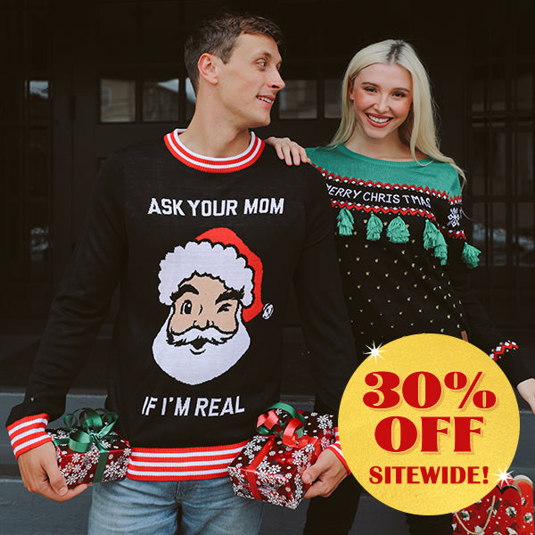 shop ugly christmas sweaters - men's ask your mom ugly christmas sweater and women's christmas tree tassel ugly christmas sweater