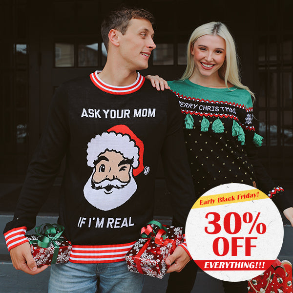 shop ugly christmas sweaters - men's ask your mom ugly christmas sweater and women's christmas tree tassel ugly christmas sweater