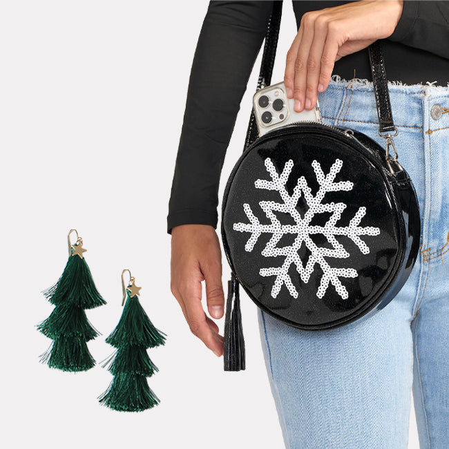 shop accessories - snowflake purse and christmas tree tassel earrings