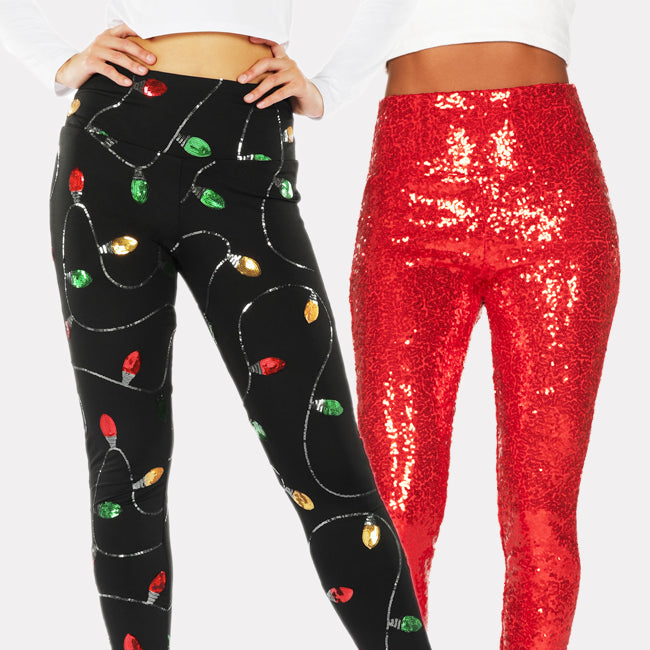 shop leggings - red sequin high waisted leggings and christmas lights high waisted leggings