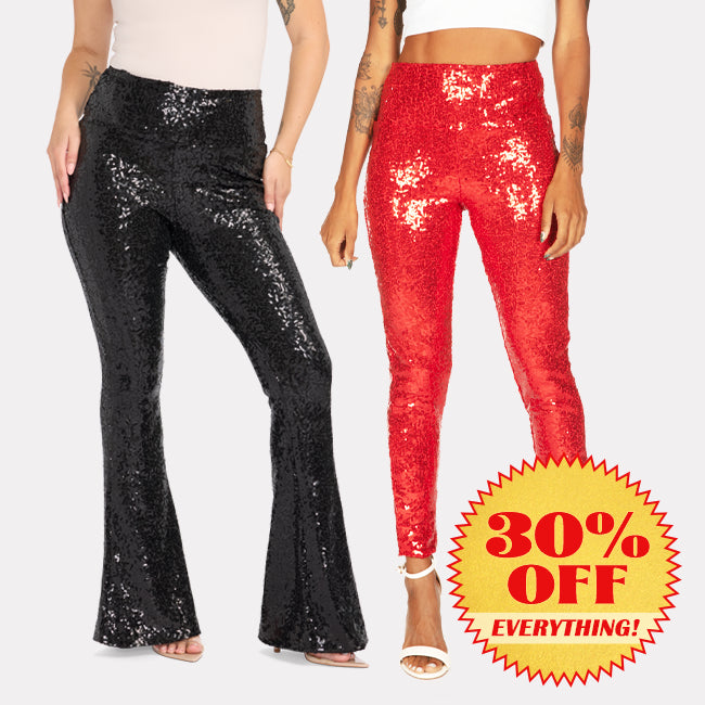 shop leggings - red sequin high waisted leggings and black sequin flare leggings