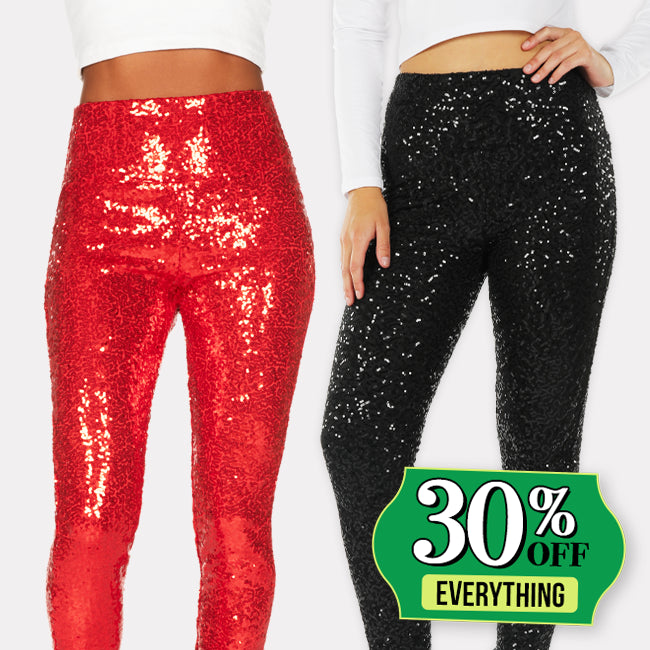 sequin clothing - women's red high waisted sequin leggings and women's black high waisted sequin leggings