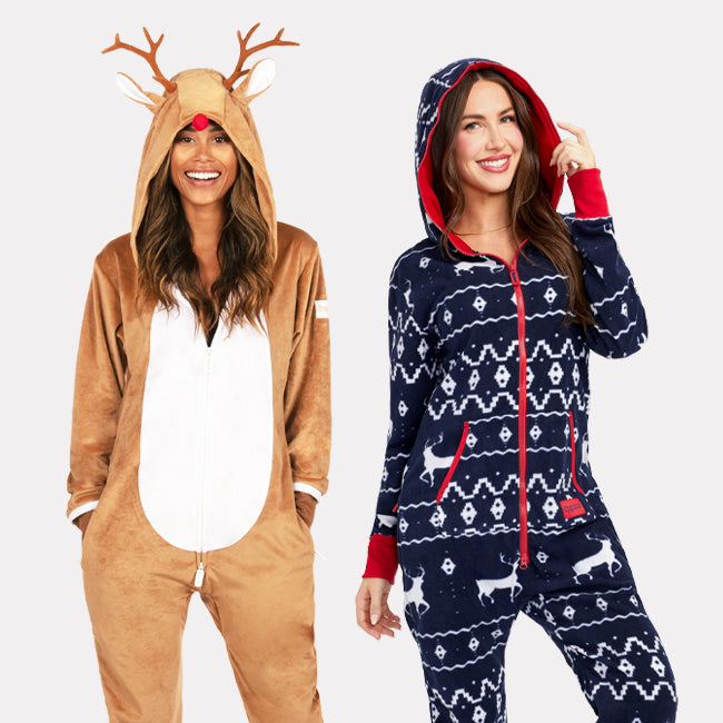 shop onesies - women's Rudolph jumpsuit and women's blue reindeer jumpsuit