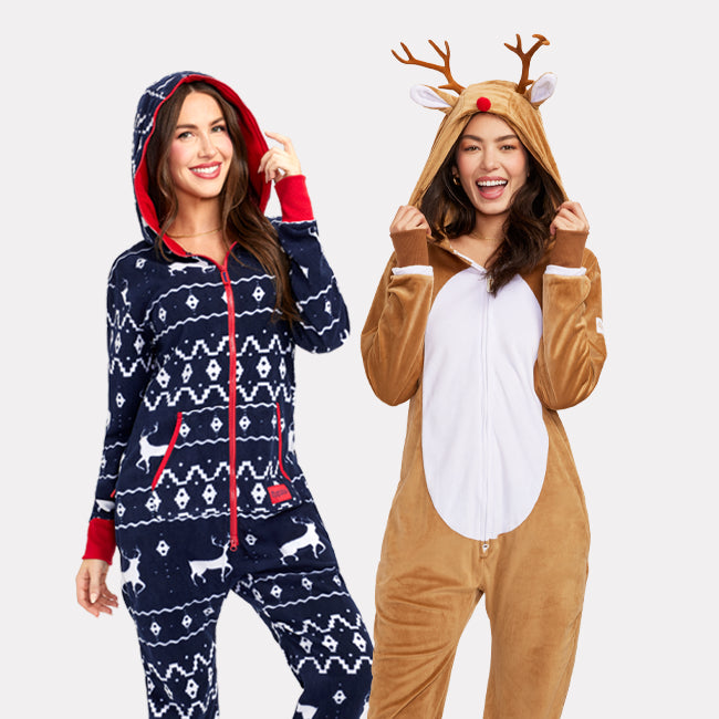 shop onesies - women's blue reindeer jumpsuit and women's rudolph jumpsuit