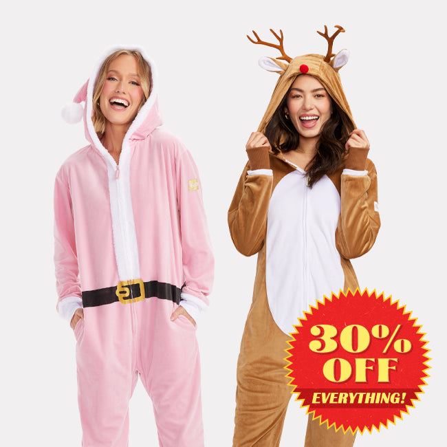 shop christmas onesies - women's pink santa jumpsuit and women's rudolph jumpsuit