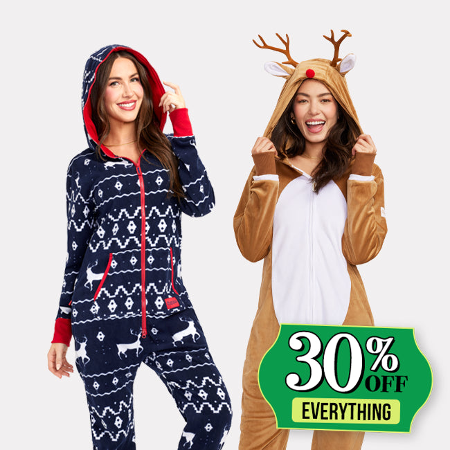 shop christmas onesies - women's rudolph jumpsuit and women's blue reindeer jumpsuit