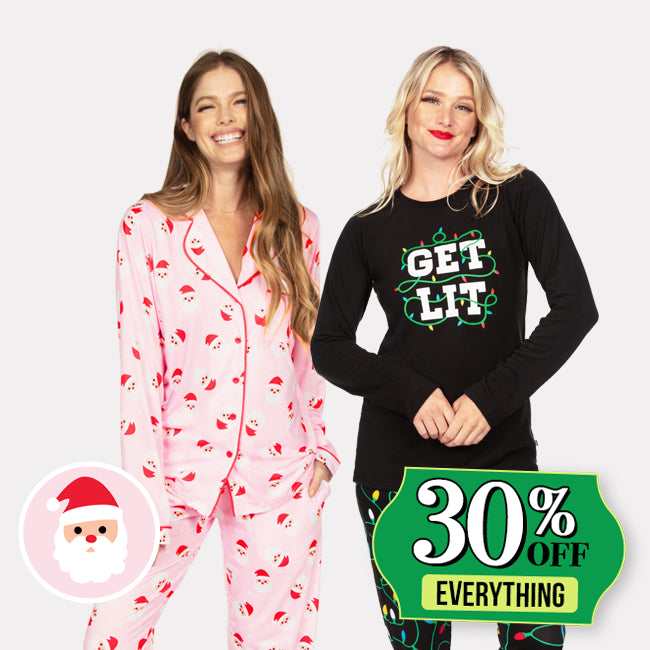 shop christmas pajamas - women's pink santa pajama set and women's get lit pajama set