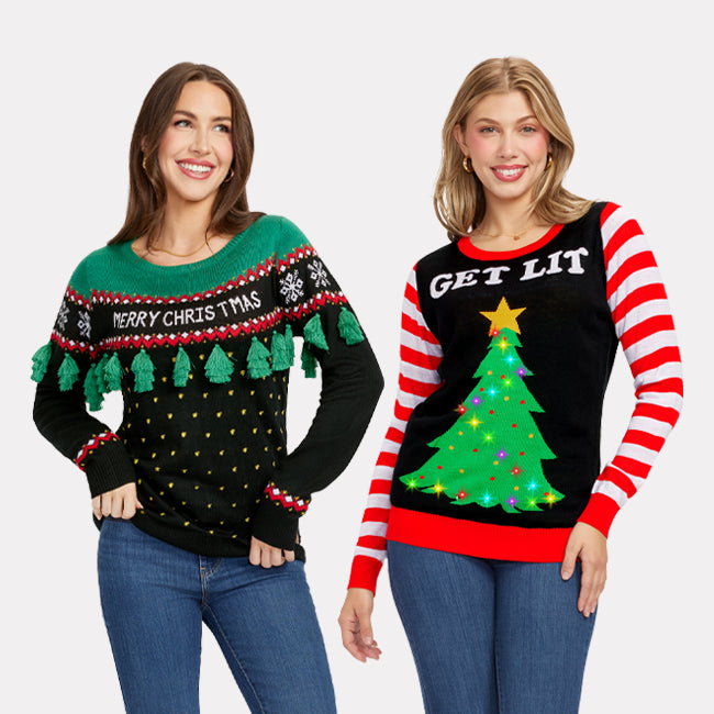 shop sweaters - women's christmas tree tassel and women's get lit light up ugly christmas sweaters