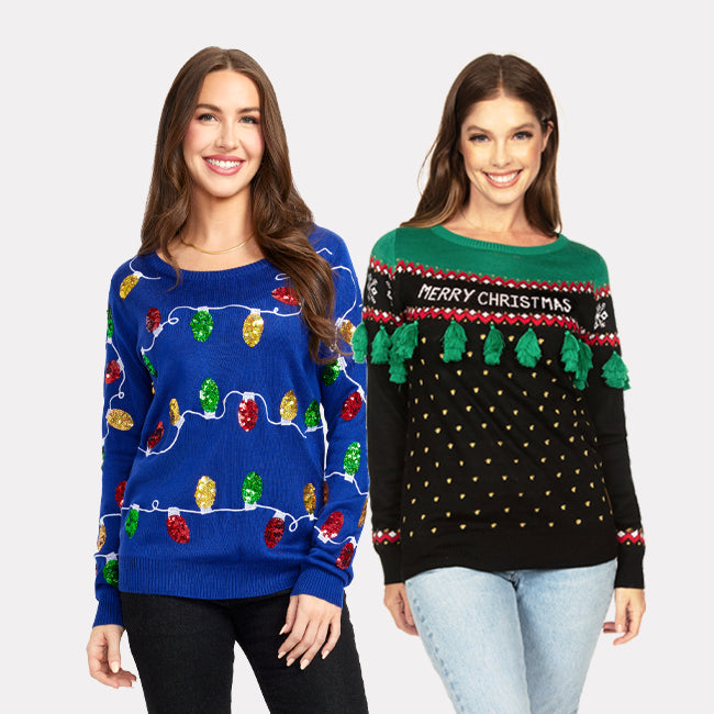 shop ugly christmas sweaters - women's christmas lights and women's christmas tree tassel ugly christmas sweaters